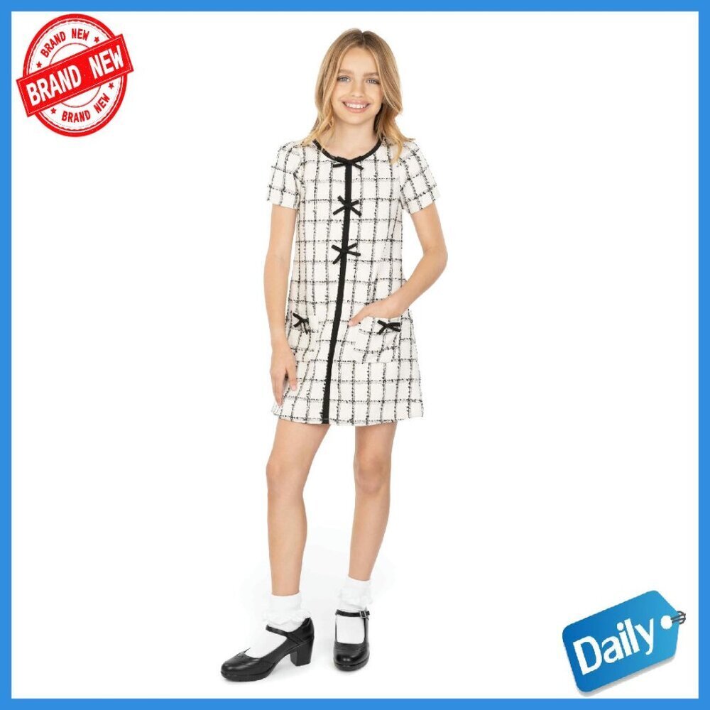 Girls Short Sleeve Plaid Boucle Dress Size 7-16 Special Occasion